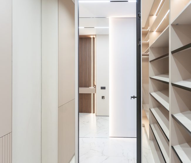 Empty Walk in Wardrobe Closet With Lights. High quality photo