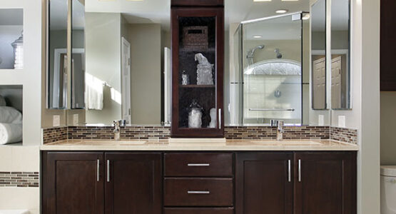 Master bath with dark wood cabinetry