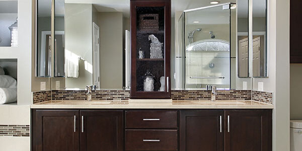 Master bath with dark wood cabinetry