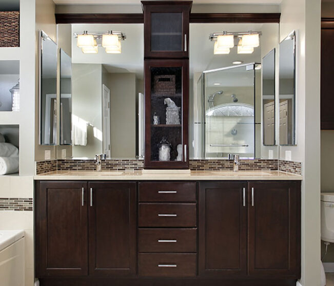 Master bath with dark wood cabinetry
