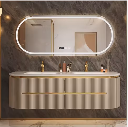 Custom Modern Luxury Curved Wall Mounted Cabinet Bathroom Vanity with Sink Smart LED Mirror