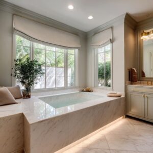 A drop in tub plays with classic luxury symmetry and lighting in a fully glazed corner bay window setting