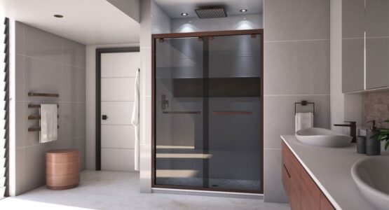 DreamLine SHDR-165476G-09 Encore 50-54 W x 76 H Inch Semi-Frameless Bypass Sliding Shower Door with Smoke Gray Glass, Satin Black