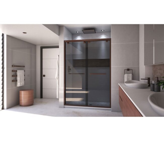 DreamLine SHDR-165476G-09 Encore 50-54 W x 76 H Inch Semi-Frameless Bypass Sliding Shower Door with Smoke Gray Glass, Satin Black