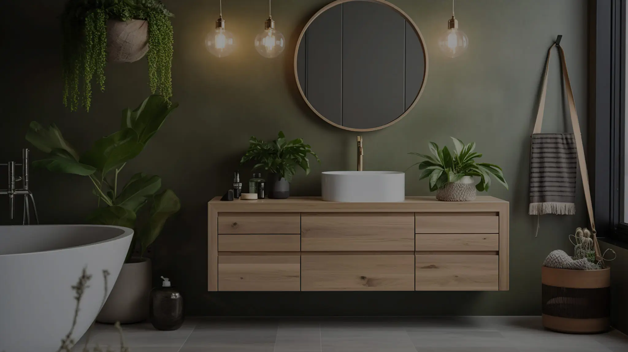 interior of modern white bathroom with houseplants chest