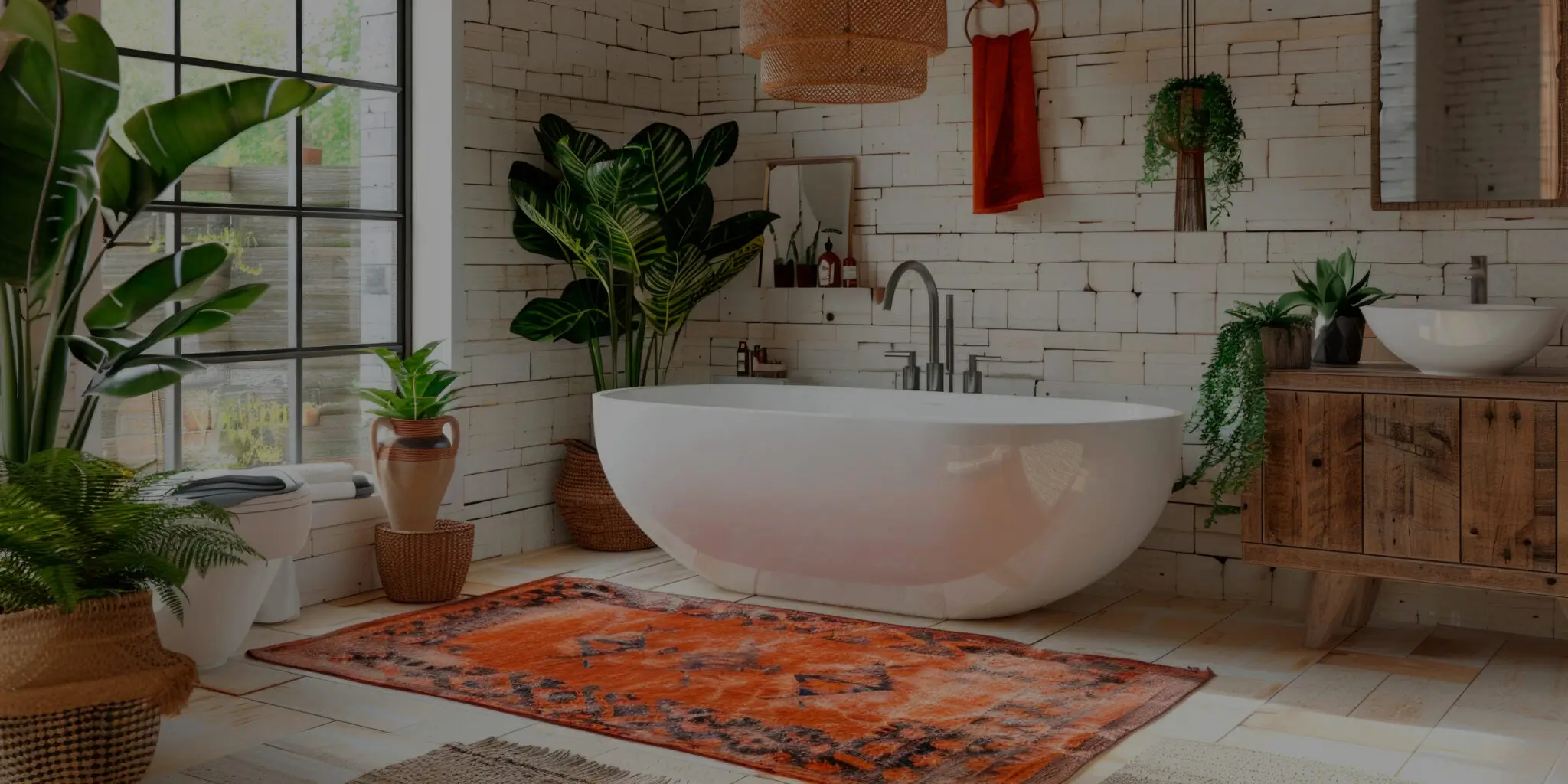 white bathroom interior with plants and flower